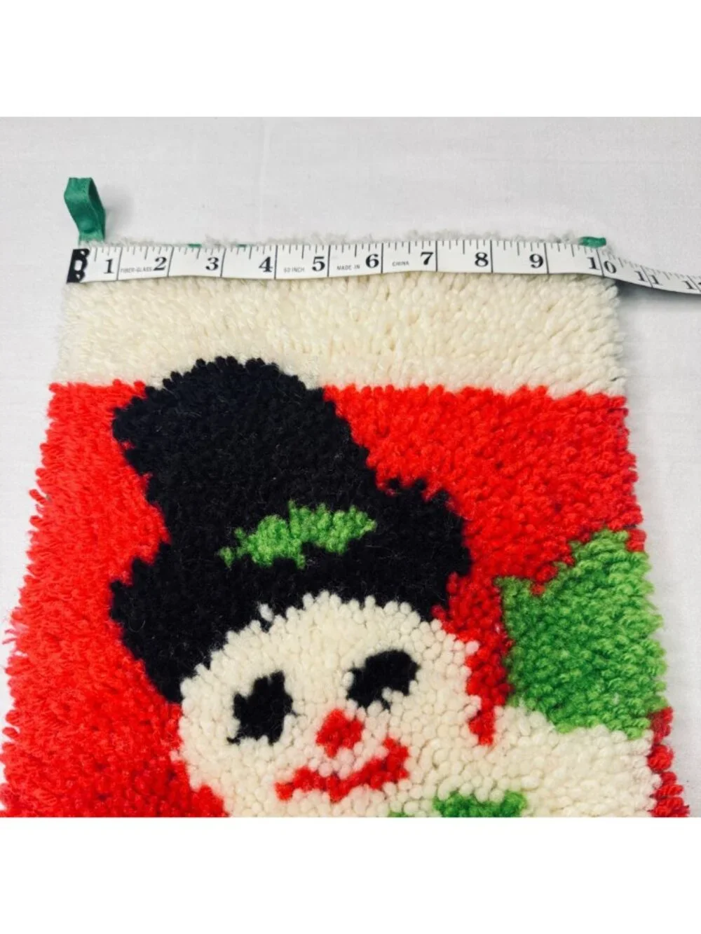 Vintage Latch Hook Snowman Christmas Stocking Handmade Red Green White